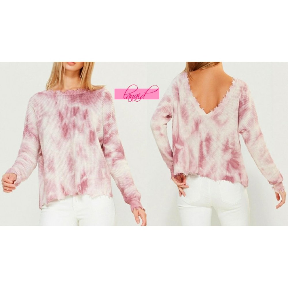 FATE Distressed Tie-Dye Sweater Open Back V-Neck Acid-Washed Reversible Edgy S